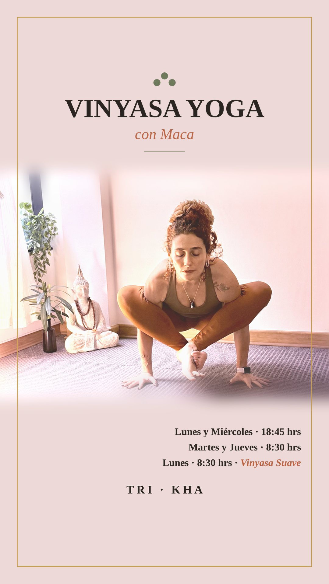 Afiche: Vinyasa Yoga con Maca. Lunes y miércoles 18:45, martes y jueves 8:30, lunes 8:30 Vinyasa Suave.